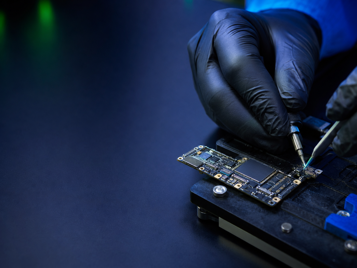 Uzman teknisyenin Apple cihaz anakartında hassas çalışma yapması